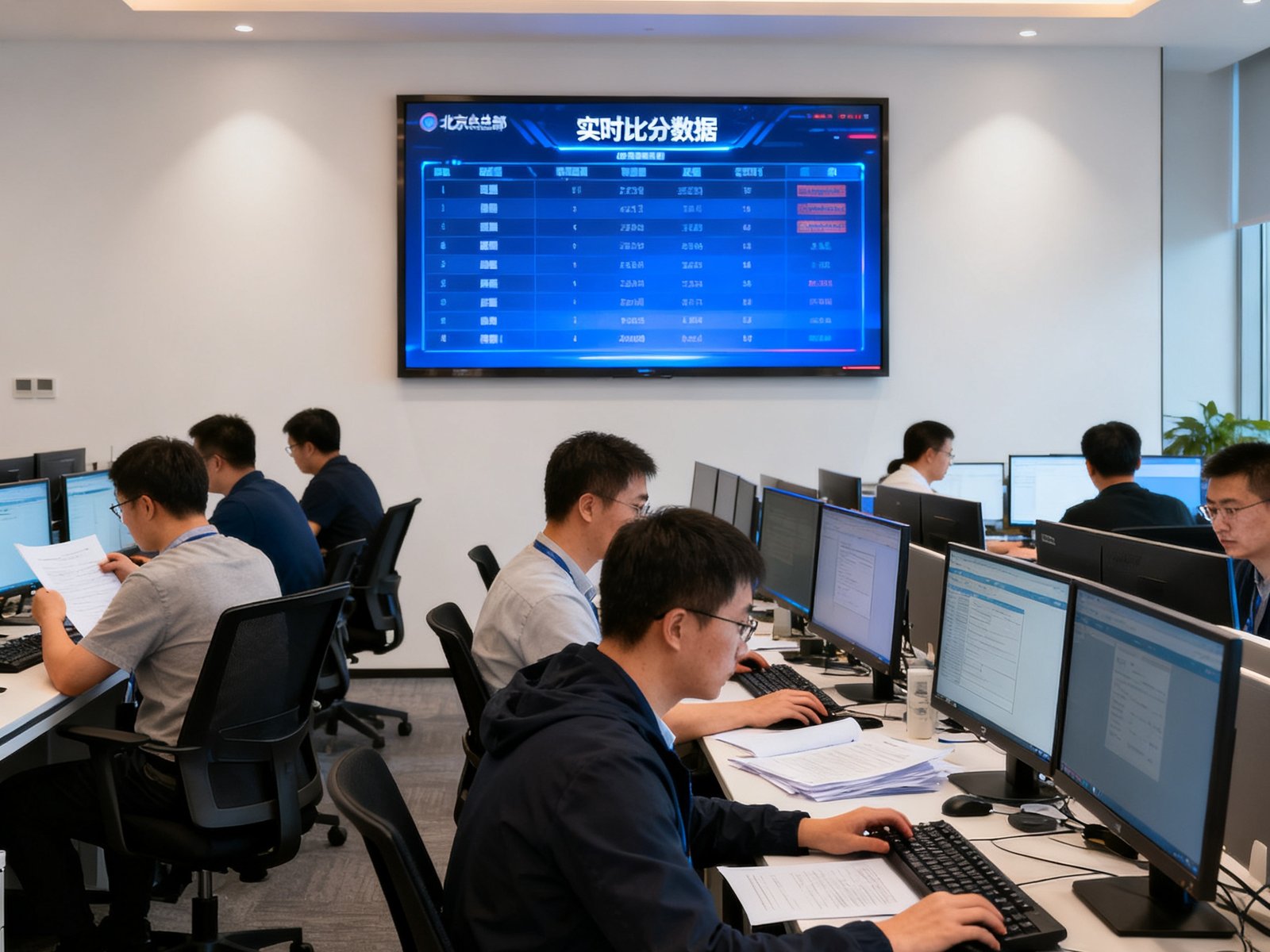 看球直播北京总部办公室内团队成员正在紧张工作的场景，大屏幕上显示着实时比分数据